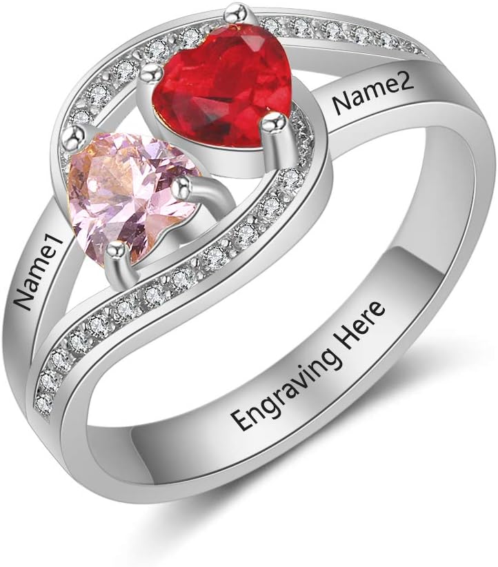 OPALSTOCK Custom Name Rings 2 Simulated Birthstones Promise Rings for Women Couple Engagement Rings for Women