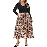 CARCOS Plus Size Dresses for Curvy Women V Neck Long Sleeve Patchwork Casual Wedding Cocktail Dress with Pocket XL-5XL