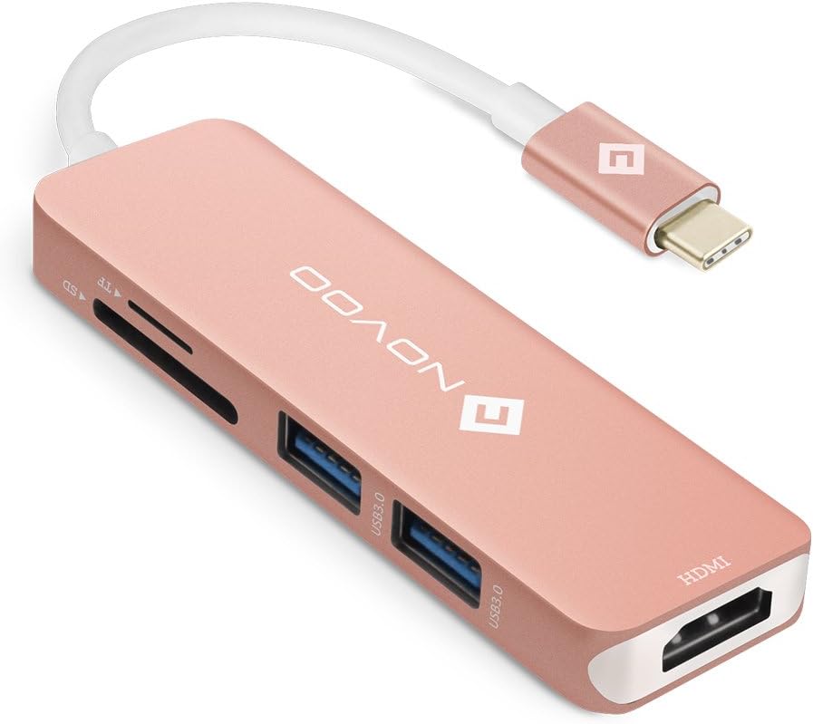 USB C Hub, Novoo USB C 5 in 1 Hub Aluminum with HDMI 4K Adapter, 2 USB 3.0 Ports, 1 SD Memory Port, 1 microSD Card Reader for MacBook Pro 2017/2016, HW MateBook, Google Chromebook Pixel, Samsung S8