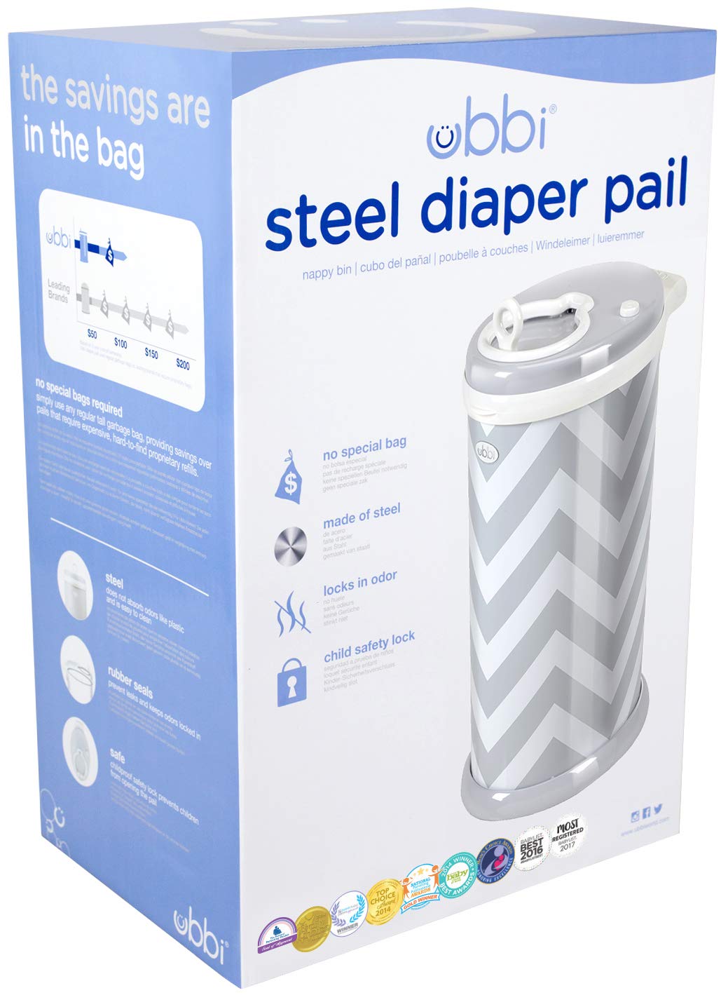 Diaper Genie Ubbi Steel Odor Locking, No Special Bag Required