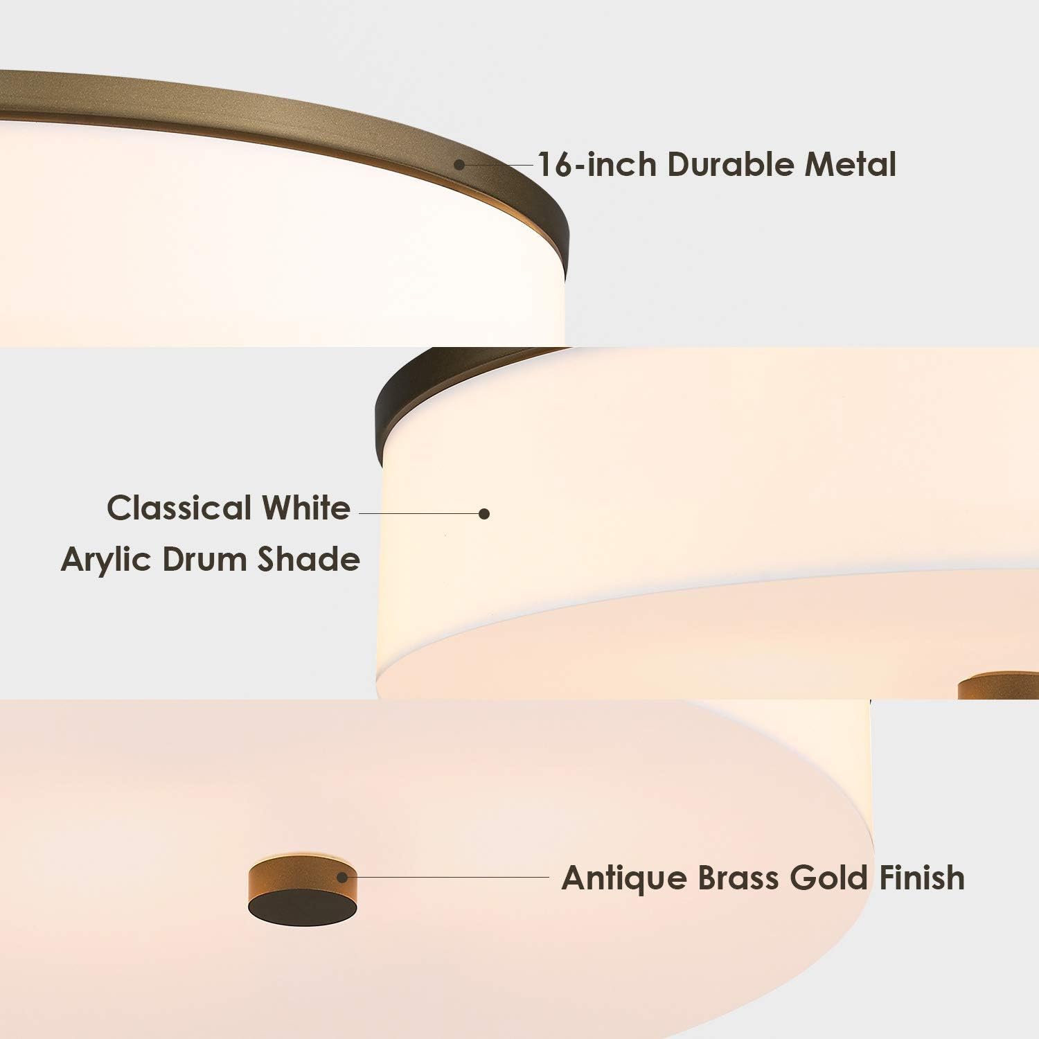 Contemporary 16" Flush Mount Light Fixture, LMS 2-Light Flush Mount Ceiling Light in Antique Brass Gold Finish, Large Ceiling Light Fixtures with Drum Milky White Acrylic Shade, Dimmable, LMS-031: Home Improvement
