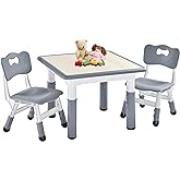 FUNLIO Kids Table and 2 Chairs Set, Height Adjustable Toddler Table and Chair Set for Ages 3-8, Easy to Wipe Arts &amp; Crafts Table, for Classrooms/Daycares/Homes, CPC &amp; CE Approved (3pcs Set) - Gray