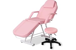 FOZSKEYLF Massage Table Tattoo Chair with Spa Stool, Adjustable Facial Bed Spa Bed with Hydraulic Stool, Professional Esthetician Bed for Salon Spa Beauty Treatment, Max Weight Capacity 500 lbs (Pink)