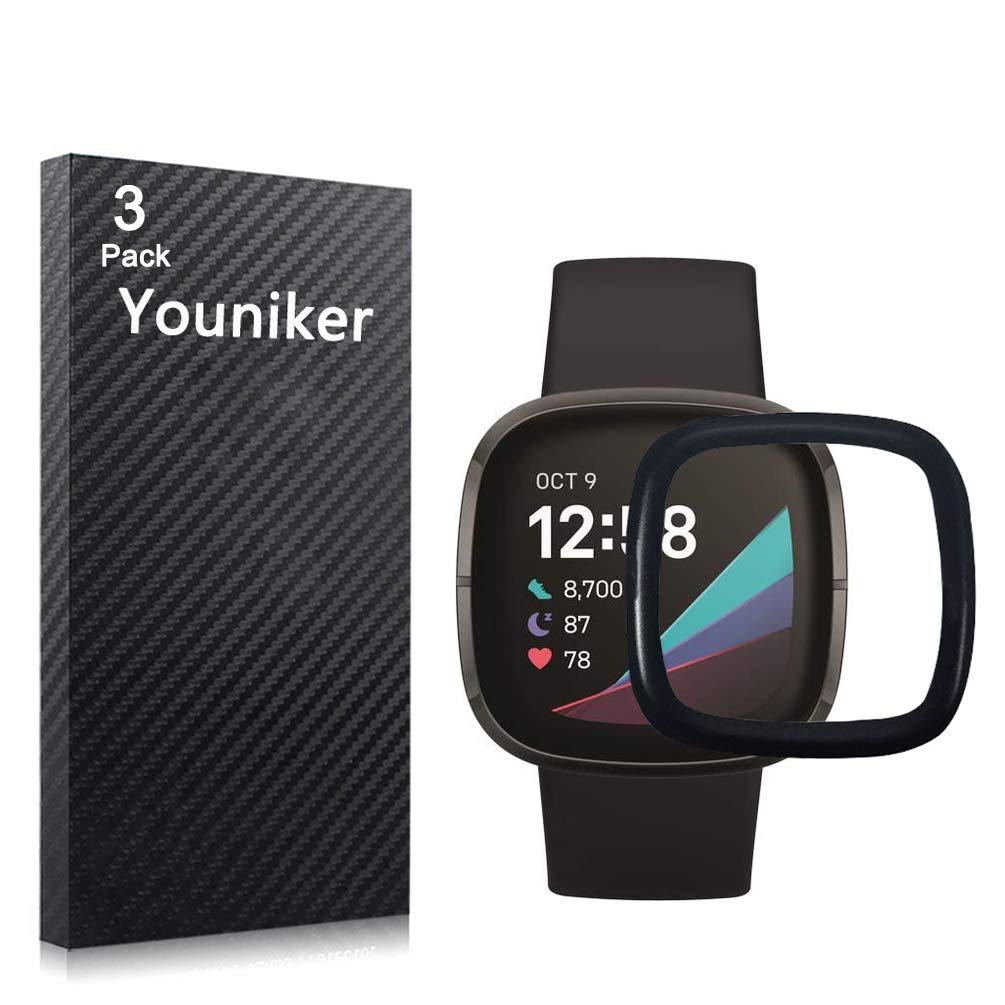 Youniker 3 Pack Compatible with Fitbit Versa 3 Screen Protector Film Compatible with Fitbit Sense Smartwatch Screen Protectors Foils 3D Full Coverage Screen Cover