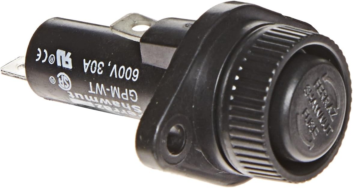 Mersen GPM Panel Mount Fuse Holder with Water-Tight Screw Knob Cap, 1/4 Quick-Connect/Solder Terminal, 600V CA/DC, 100kA, 30 Ampere