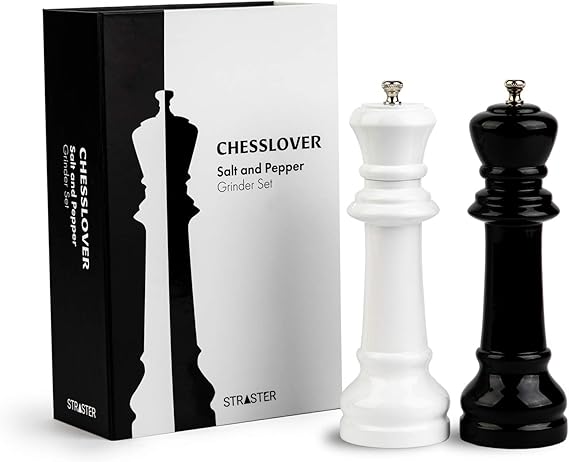 Amazon Com Chesslover Salt And Pepper Grinder Set Manual Wood Mills With Unique Decorative Chess Design Adjustable Coarseness 8 Inch Kitchen Dining