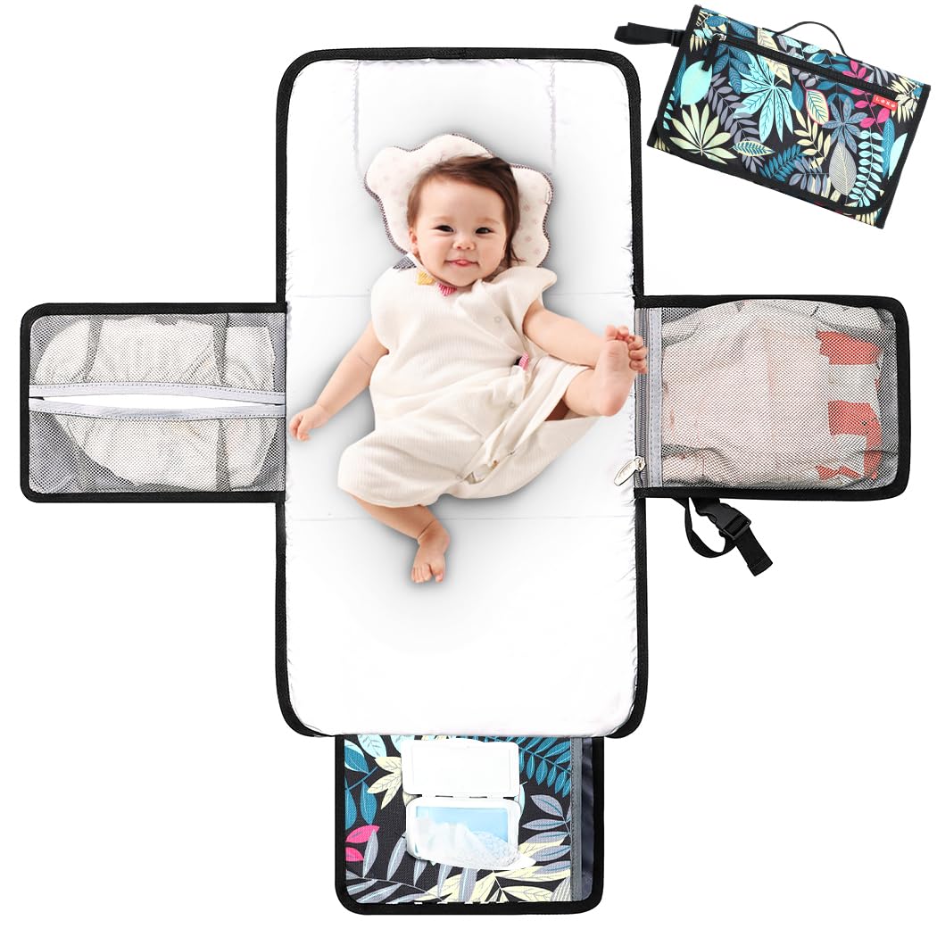 Lekebaby Portable Nappy Changing Mat Travel Baby Change Mat with Wipe-Pocket and Head Cushion, Jungle