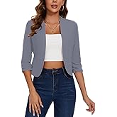 MINTLIMIT Grey Collarless Blazer for Women Casual Open Front Cropped Blazer 3/4 Ruched Sleeve Lightweight Elegant Suit Jacket,XL