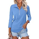 TICTICMISS Women's 3/4 Length Sleeve Tops Collared V Neck T Shirts Polo Zipper Summer Shirts