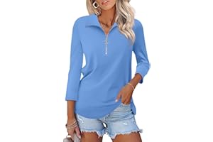 TICTICMISS Women's 3/4 Sleeve Tops V Neck T Shirts Zipper Solid/Color Block Collared Polo Shirts