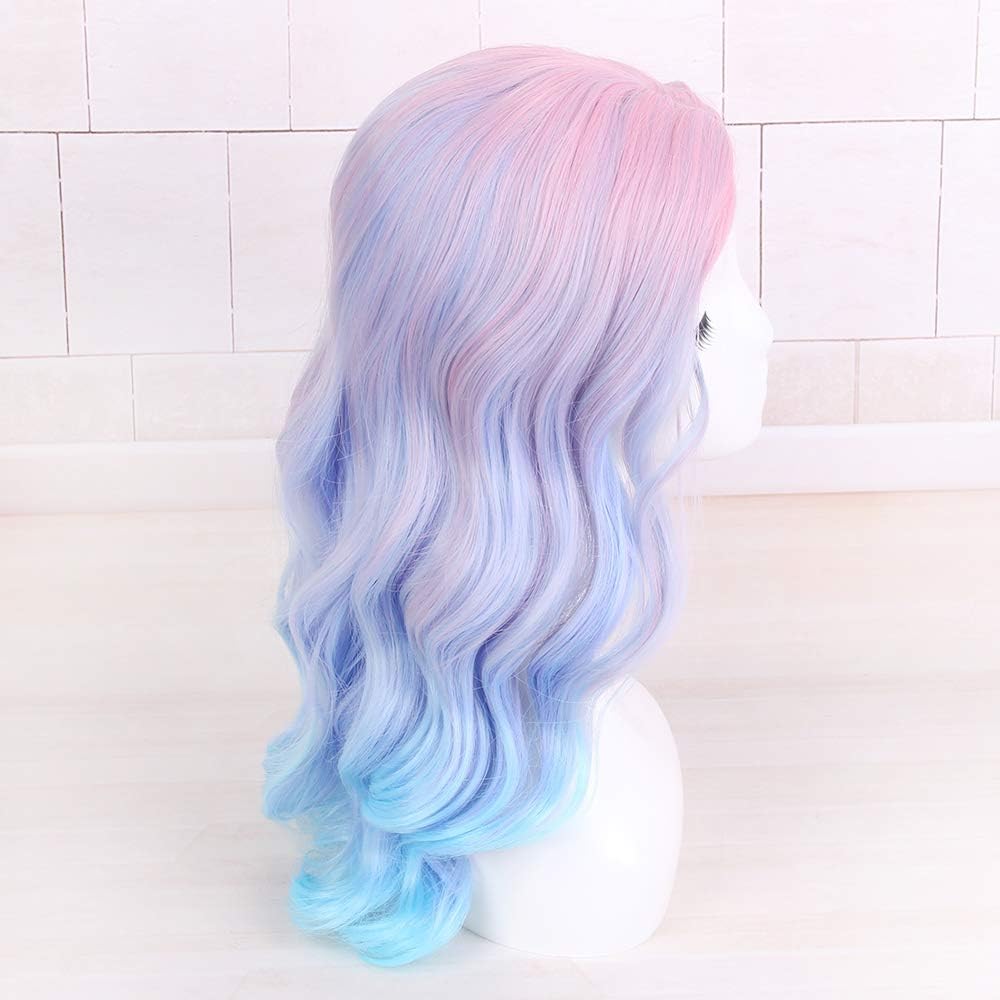STfantasy Ombre Dirty Pink Women Wigs Long Natural Curly Layered Synthetic Hair for Girls Ladies Female Cosplay Anime Costume Party Carnival (Blue powder gradient) - Image 5