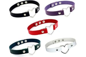 Juland 5PCS Heart Choker Necklace PU Leather Goth Choker Collar with Heart Ring Punk Rock Collar Adjustable Size - Black White Red Green Purple