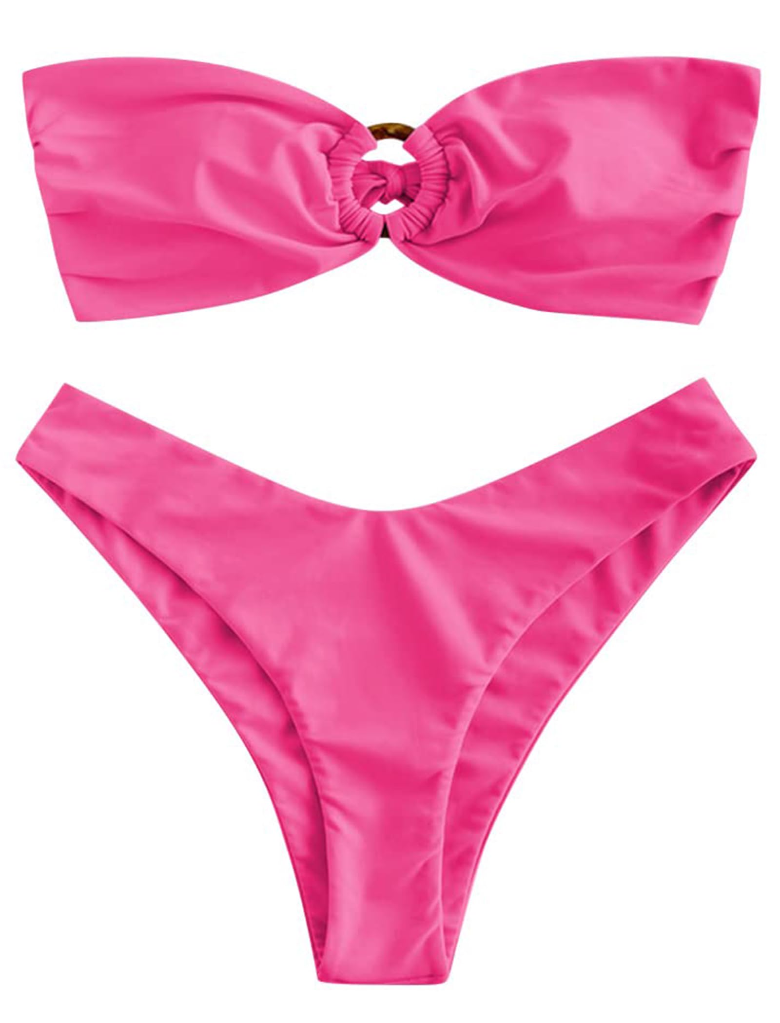 Photo 1 of ZAFUL Women's Bandeau Bikini O Ring Strapless Tie Back High Cut Two Piece Swimsuit Bathing Suits (1-Magenta, S)