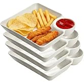 Sauce Separated Plate, 4 pcs Japanese Dumpling Plate with Dipping Sauce Compartment, Square Dipping Plates for Sushi, Chips and Dip Serving Dish, Reusable Plastic Appetizer Tray, BPA-Free (White)