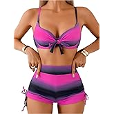 EHSUYAB Women High Waisted Molded Cup Bikini Sets, Underwire Push Up Striped Swimsuits, Bathing Suit with Boy Shorts 2 Piece
