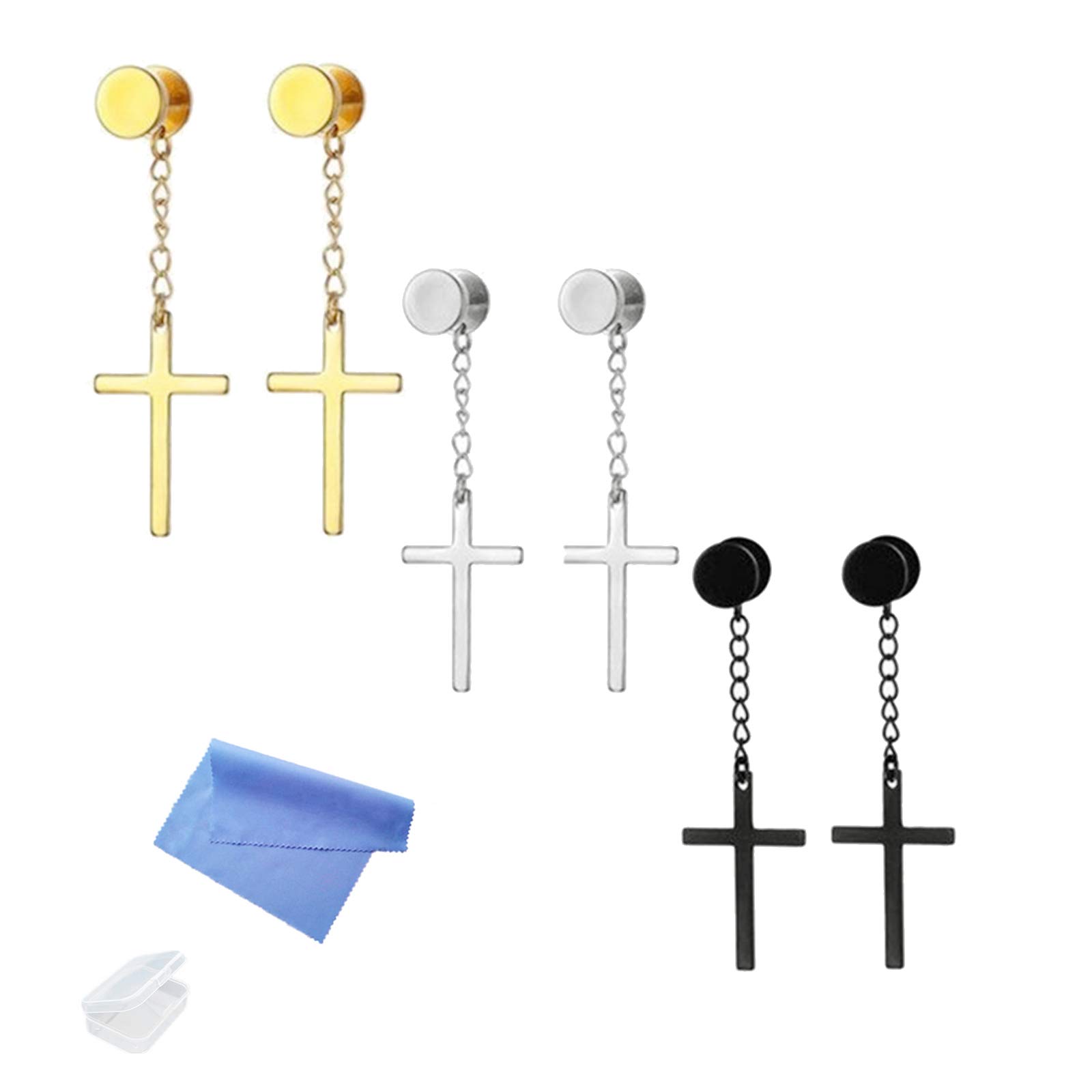 XHBTS 6 Pieces Dangle Cross Earrings Stainless Steel for Men Women Black Silver Gold for Women Men with Mini Cloth and Mini Box