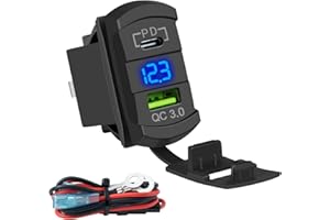 FXC Rocker Switch Style USB Charger With 10A Fuse for Panel - 4.2A PD Type C 12V 24V Fast Quick Charge Socket Dual Charging Port for Car Boat ATV UTV (Type C + USB Voltmeter Blue)