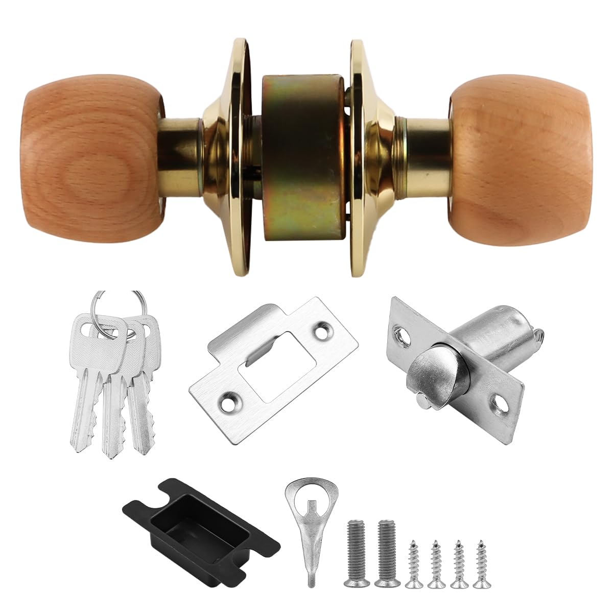 ZONADAH Entrance Beech Wood Ball Knob Set, 60mm Latch, Door Lock for Interior Doors with 3 Keys Locking Mechanism, Ideal for Rooms Requiring Extra Security, Home, Office Garage,Storage