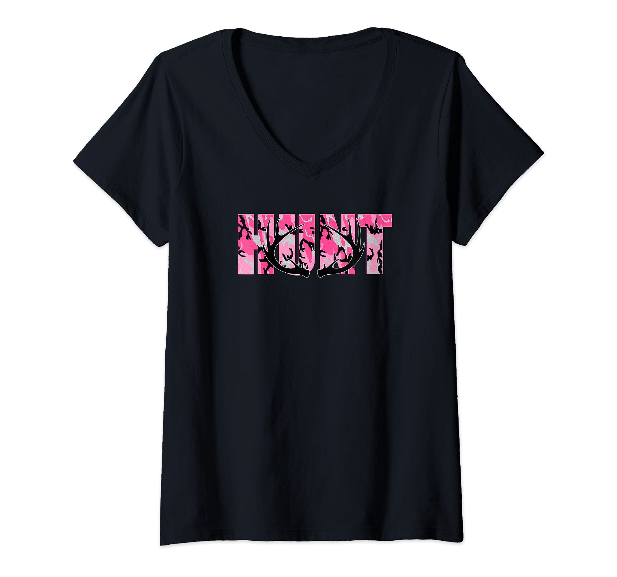 Womens Deer Hunting Camo Pink Hunt Whitetail Buck Antlers V-Neck T-Shirt