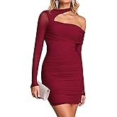 URYIAO Sexy Sheer Long Sleeve Mini Dress Off Shoulder Ruched Mesh Bodycon Short Club Party Going Out Dresses for Women