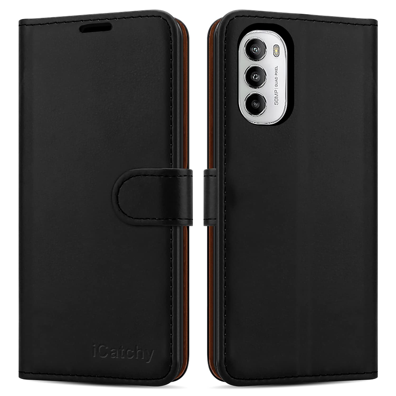 iCatchy for Motorola Moto G82 5G / G52 Case Leather Wallet Book Flip Kickstand Card Slots Full Protection Folio Cover Compatible for Moto G82 / G52 Phone (Black)