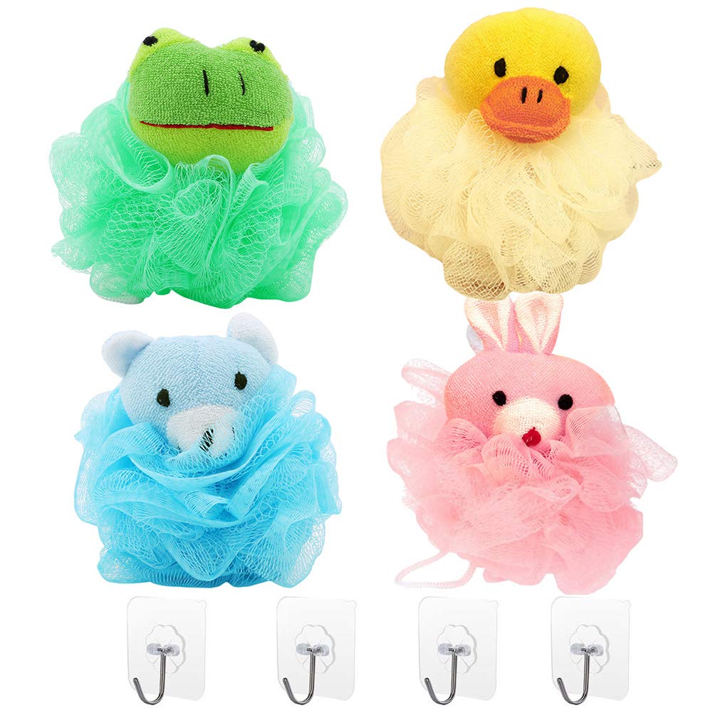 4PCS Cute Animal Mesh Bath Shower Sponge Loofahs, Children's Cartoon Bath Spong, with 4 Seamless Hook