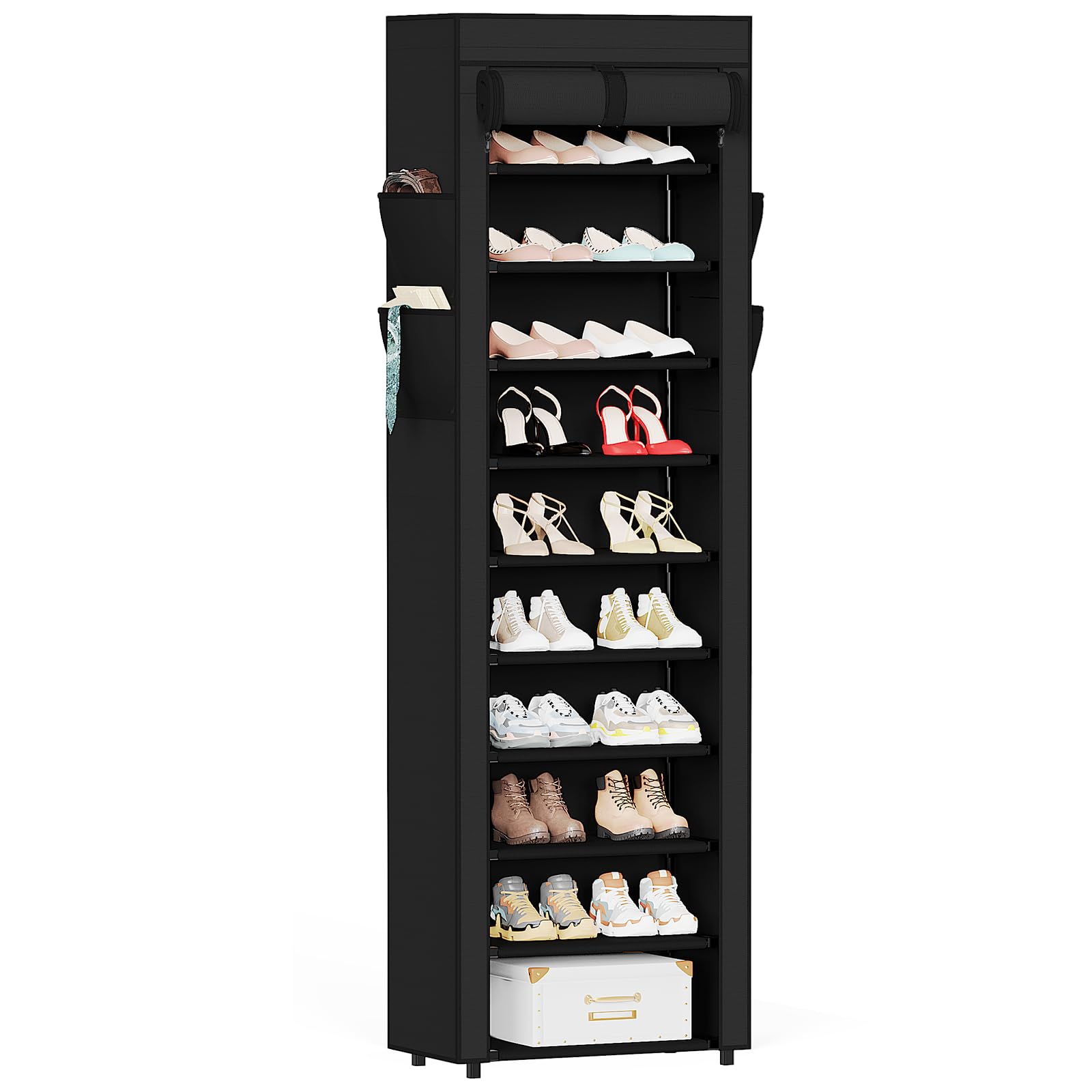Photo 1 of Mavivegue Shoe Rack with Cover, 10 Tier Tall Shoe Organizer for 18-22 Pairs of Shoes, Shoe Organizer with 4 Side Pockets, Shoe Cabinet for Entryway, Closet