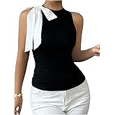 Milumia Women's Bow Tie Crewneck Sleeveless Top Colorblock Trendy Slim Fitted Tank Tops