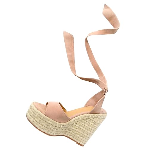 Fueri Damen Sandalen Keilabsatz Espadrilles Mit Schnürung Wedges Schuhe Mit Absatz Sandaletten Strand Peep Toe Riemchensandal