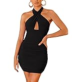 REORIA Women's Sexy Mini Dress Halter Sleeveless Backless Bodycon Criss Cross Ruched Short Dresses Party Night Club Outfits