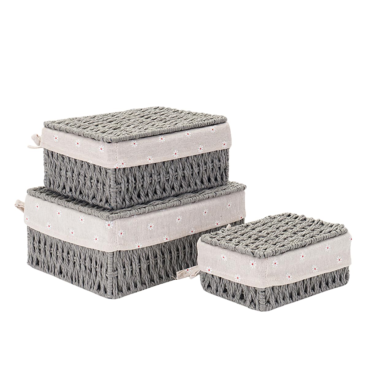 Photo 1 of GIB Small Wicker Storage Baskets with Lids and Liner, Rectangular Paper Rope Woven Baskets for Organizing, Decorative Boxes Boho Decor for Shelves Table Desktop Makeup Organizer, Set of 3, Grey