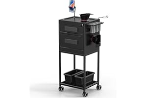 OmySalon Metal Salon Trolley Cart, Hair Stylist Station with 2 Lockable Drawers, Hair Tool Holder Mobile Station with 2 Magnetic Bowls & 2 Storage Baskets, Barber Shop Hairdressing Tattoo Equipment