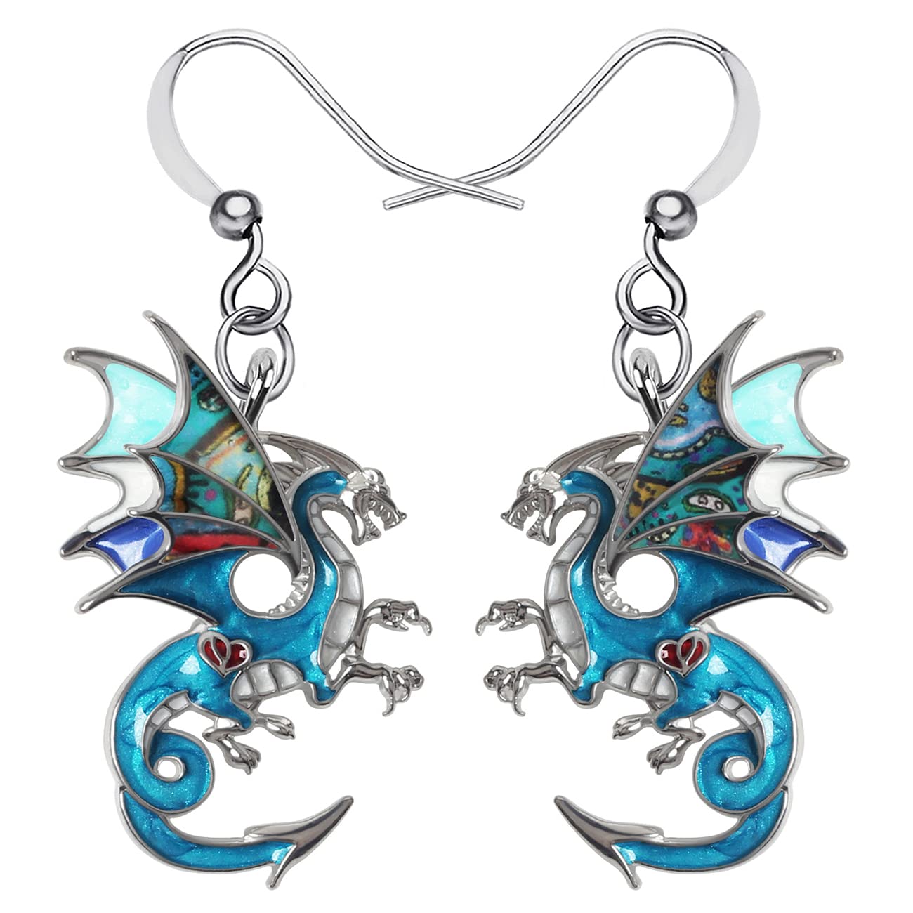 Enamel Alloy Dragon Earrings Fantasy Dinosaur Drop Dangle Fashion Jewelry For Women Girls Charm Gift (Blue)
