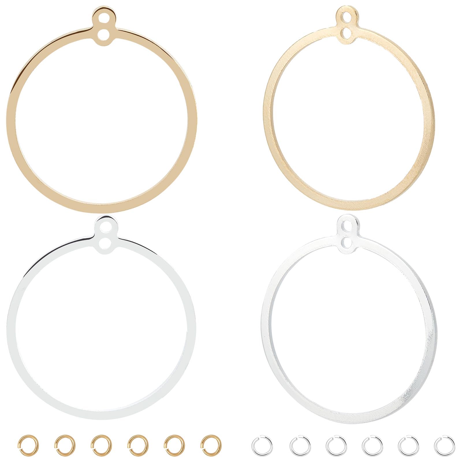 CREATCABIN 1 Box 32Pcs Golden Silver Round Beading Earring Hoops Open Back Bezel Pendant Real 18K Gold Plated Brass Circle Hollow Charms with Loop 12Pcs Jump Rings for DIY Jewelry Making Supplies