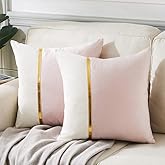 Fancy Homi 2 Packs Decorative Throw Pillow Covers 18x18 Inch for Living Room Couch Bedroom, Blush Pink and White Velvet Patchwork with Gold Leather, Luxury Modern Home Decor Cute Cushion Case 45x45 cm