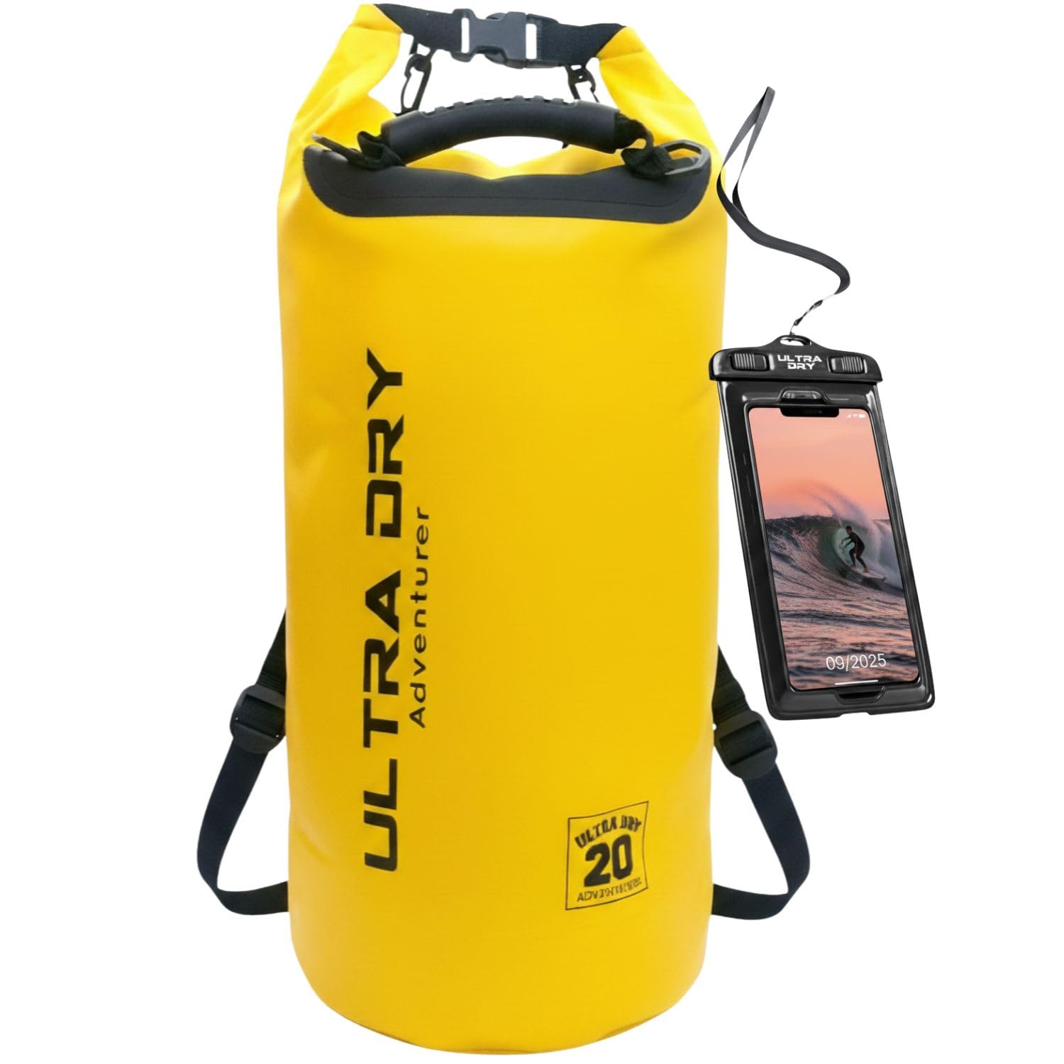 Premium Waterproof Bag, Sack with Phone Dry Bag and Long Adjustable Shoulder Strap Included, Perfect for Kayaking/Boating/Canoeing/Fishing/Rafting/Swimming/Camping/Snowboarding (Yellow 20 L) …