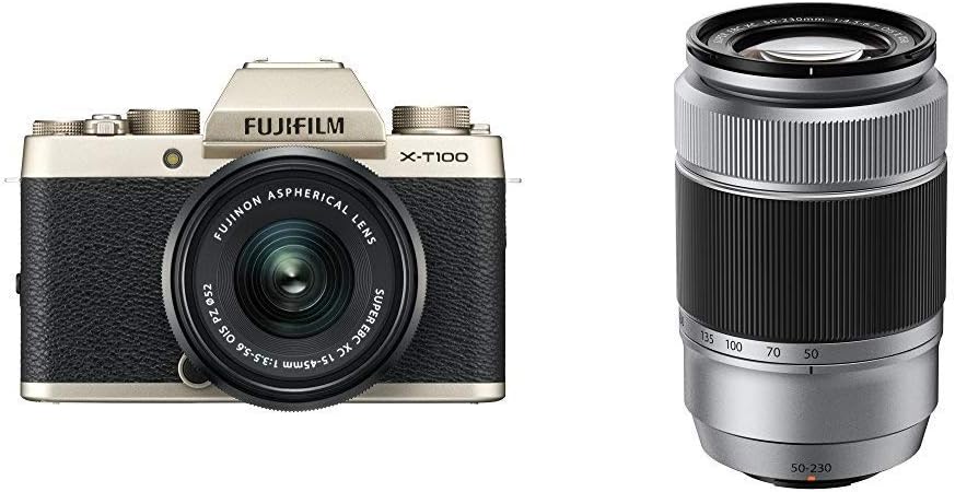 Fujifilm X-T100 Mirrorless Digital Camera w/XC15-45mmF3.5-5.6 OIS PZ Lens - Champagne Gold + Fujinon XC50-230mmF4.5-6.7 OIS II Silver