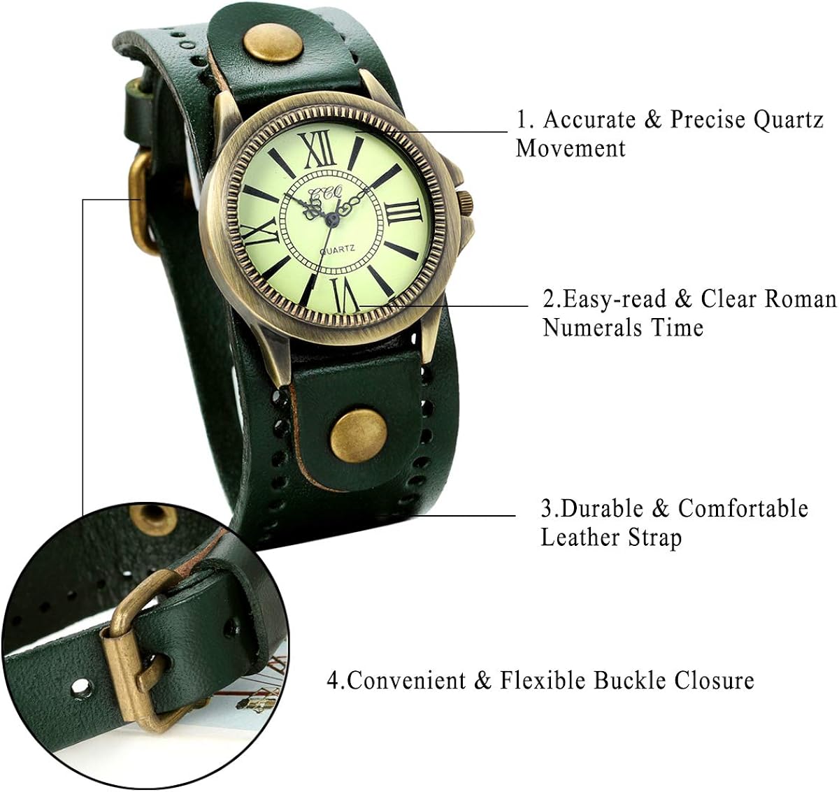 JewelryWe Vintage Leather Strap Wide Band Wristwatch Cuff Quartz Watch for Men - Green - Image 5
