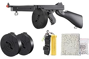 LANCER TACTICAL Airsoft Tommy Thompson Submachine Gun WW2 Chicago Typewriter Full Auto Electric SMG AEG with Extra Drum Magazines, Battery and Charger