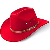 AQOKKA Western Cowboy Hats for Women Classic Felt Wide Brim Fedora Hat with Belt Buckle Retro Panama Hat Unisex Rolled up Cap
