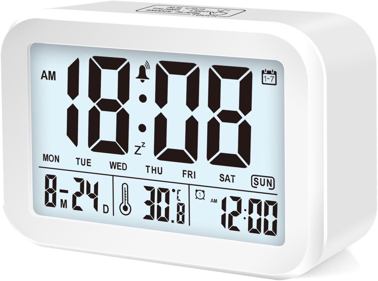 Digital Alarm Clock, Smart Talking LED Alarm Clock with 3 Alarm Mode & 7 Alarm bells, Sensor Light, Large Display, Snooze, Date, Temperature and More (White)
