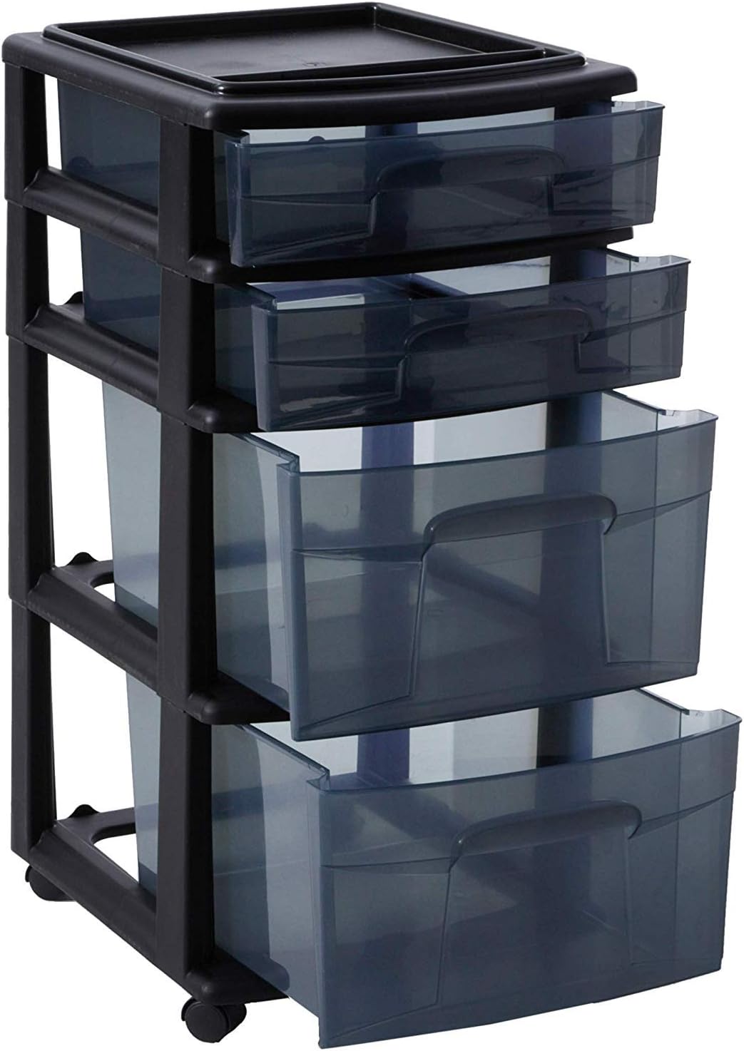 HOMZ Plastic 4 Drawer Medium Cart, Black Frame with Smoke Tint Drawers, Casters Included, Set of 1: Home & Kitchen