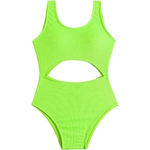Girls One Piece Swimsuits Ribbed Neon Green Waist Cut Out Tank Style Bathing Suit Sleeveless Kids Swimwear 7-12 Years