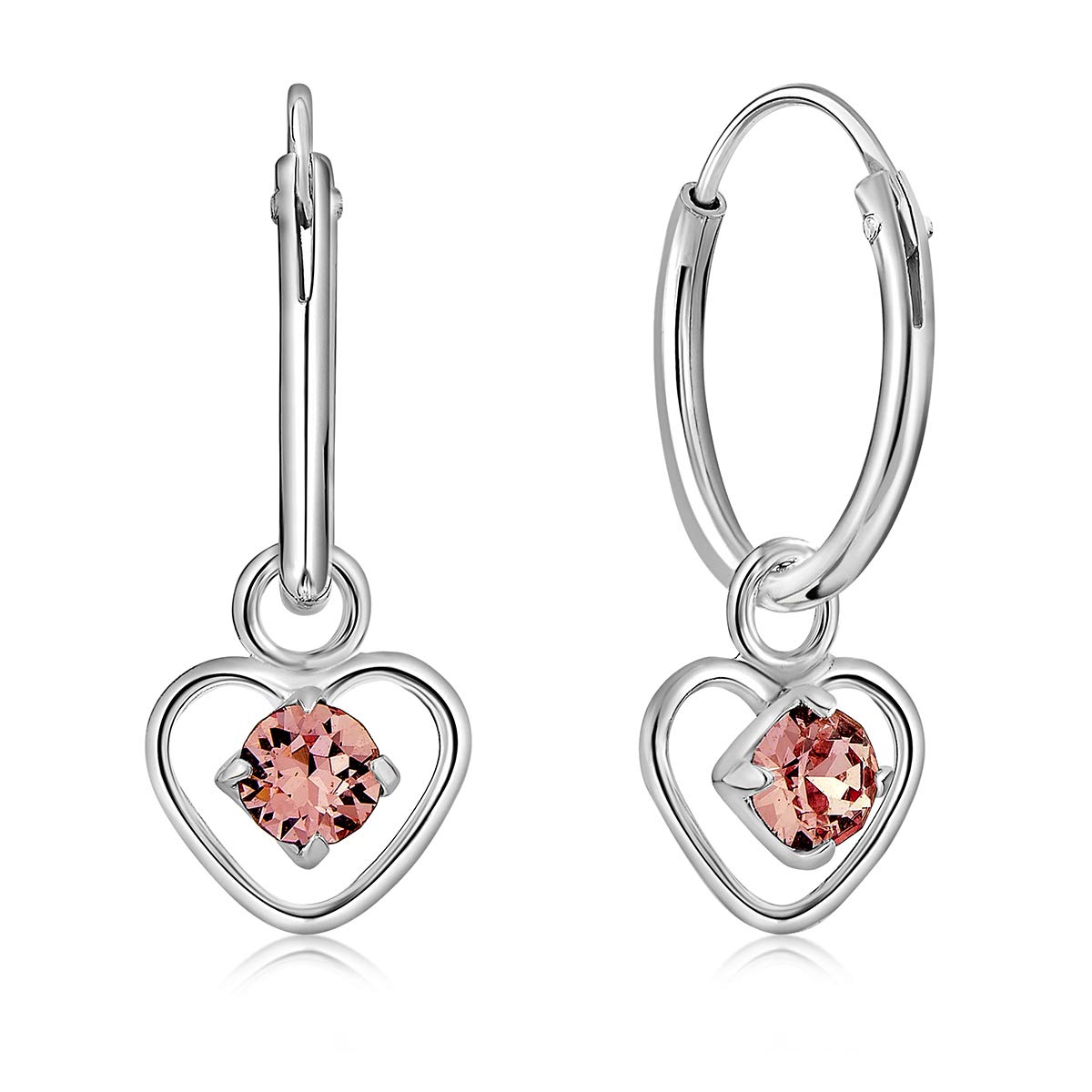 925 Sterling Silver Small Hoops Earrings with Dangling Heart in Glittering Crystals 3 mm - Heart Earrings Light Pink - Thickness 1.2 mm - Diameter: 12 mm