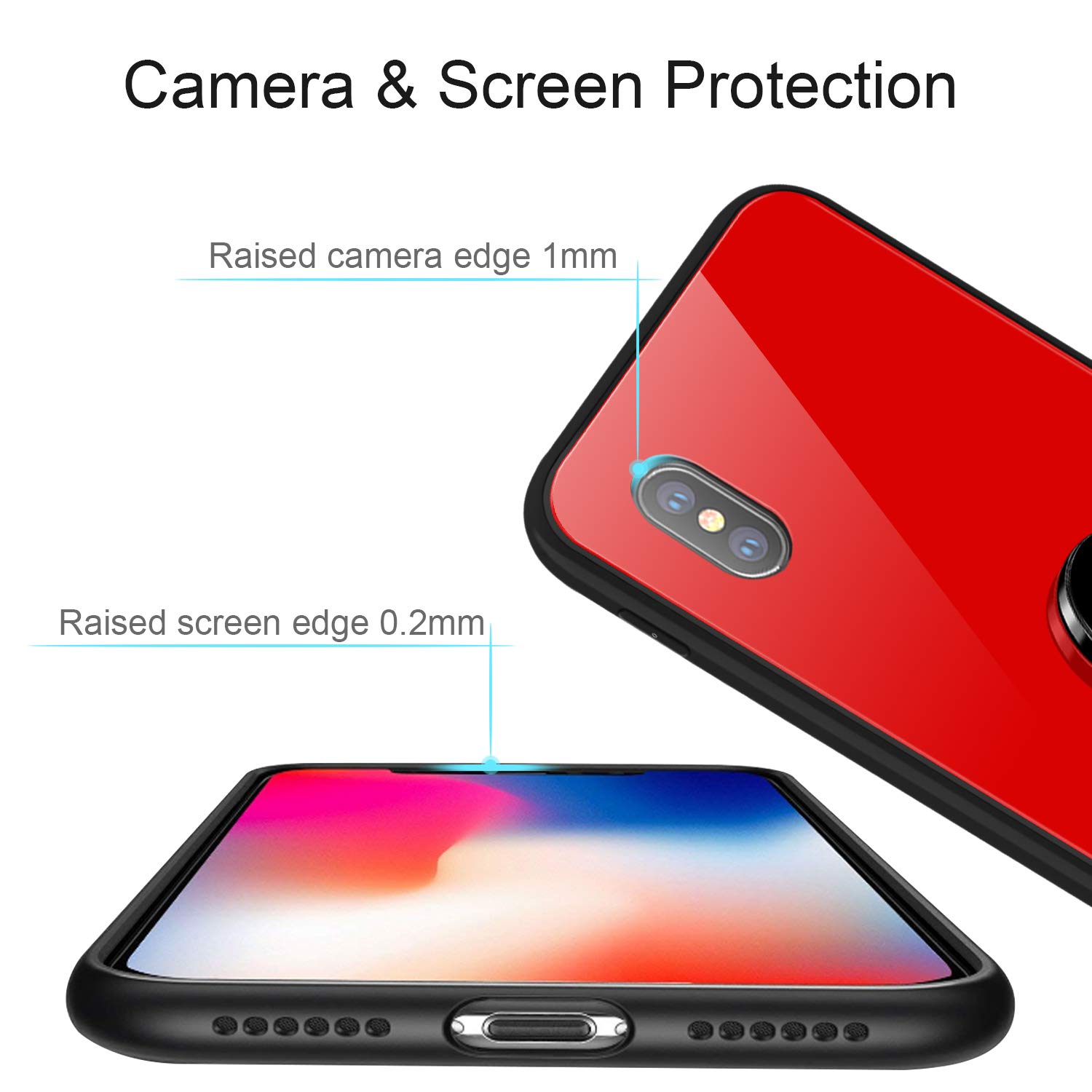 Coque iPhone X, Coque iPhone 10 avec Béquille Porte-Anneau, 9H Couverture Arrière en Verre trempé et TPU Bupmer Anti-Scratch Housse pour iPhone X (Rouge)
