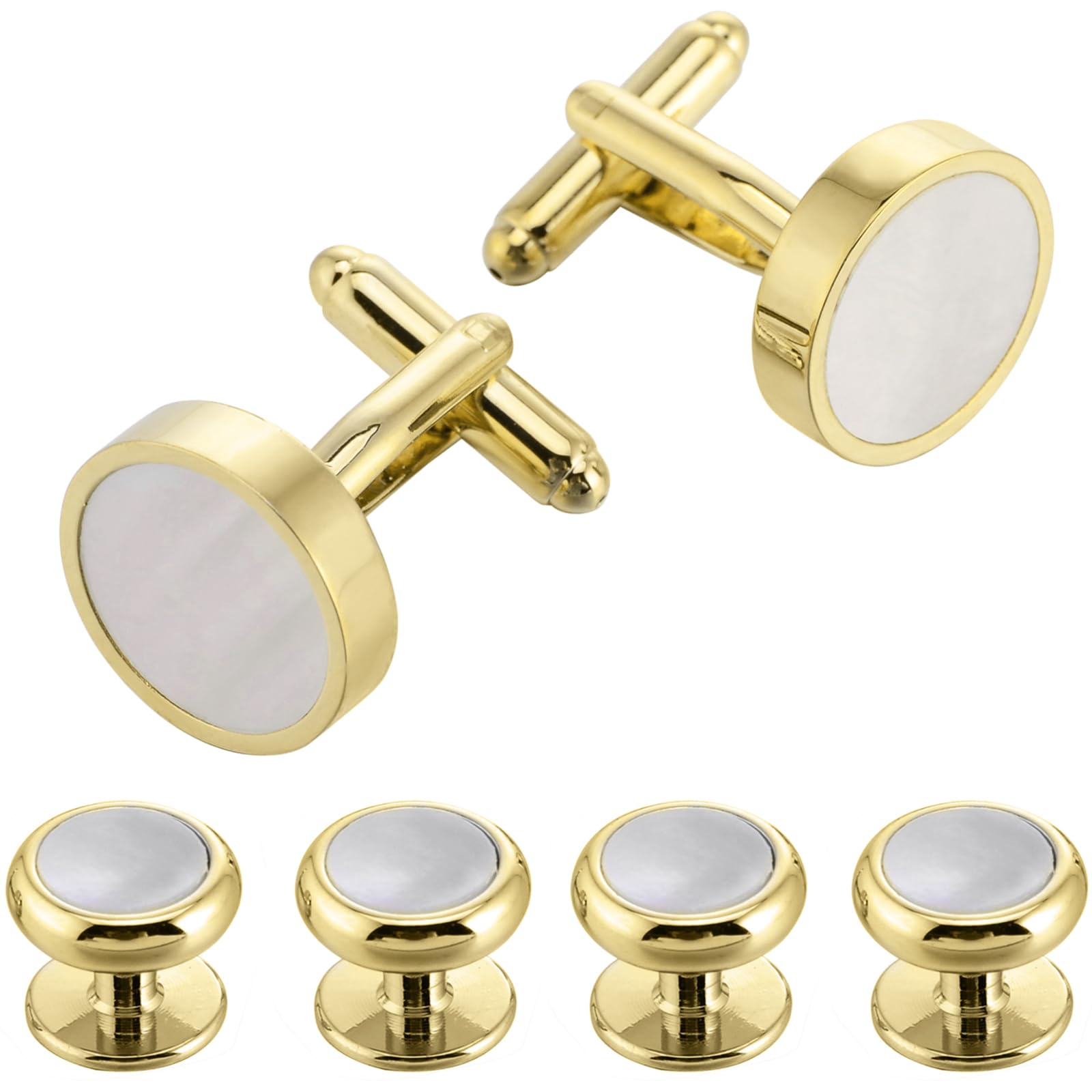 Jonwo 14K Gold Plated Men's Women Cufflinks and Studs Set Mother of Pearl Shirt Cuff Links Buttons Formal Business Wedding Party (14K Gold Plated Cufflinks and Studs Set)