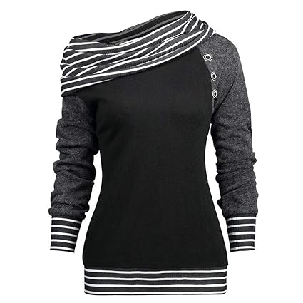 Manadlian Damen T-Shirt Mode Frau Schräglage Hals Lange Ärmel Gestreift Patchwork Taste Sweatshirt Frühling/Herbst / Winter O