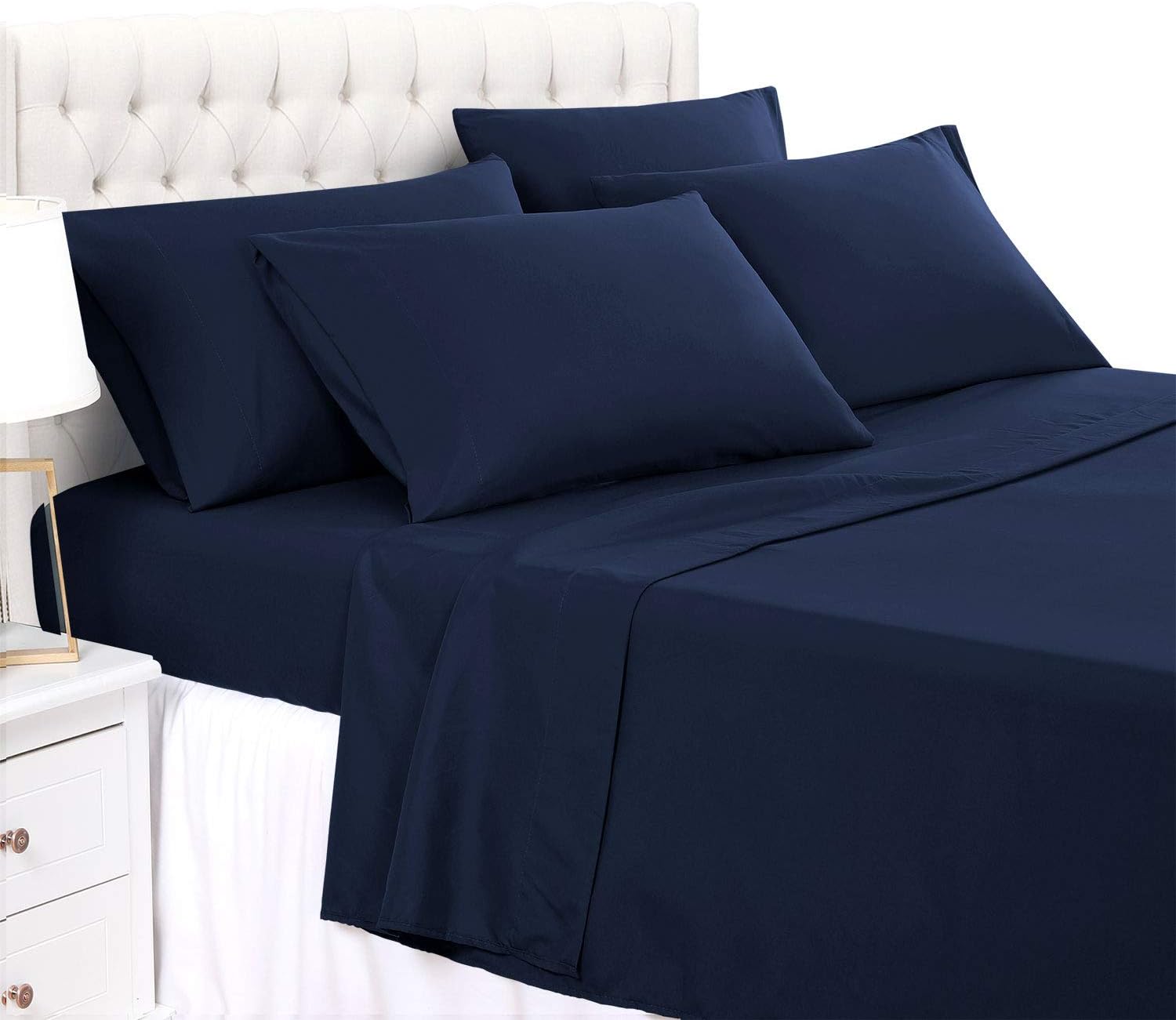 BASIC CHOICELuxury Soft 2000 Series Bed Linen Set, Standard 100 by Oeko-Tex, Dark Blue, Navy, 6 Pieces, Full
