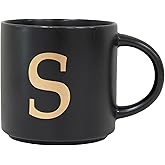 COLLECTIVE HOME - Monogram Ceramic Mugs, 15 oz Golden Initial Black Coffee Cups, Elegant Alphabet Tea Mugs, Elegant Personalized Mug with Gift Box, Unique Mug with Double Side Capital Lette (S)