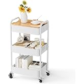 johgee 3-Tier Rolling Cart with Table Top, Metal Utility Cart on Wheels | Sturdy Storage Organizer Cart with Lockable Wheels&amp;Hooks for Craft, Office, Classroom, Kitchen and Bathroom, WHite